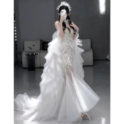 Vintage Mermaid Sweetheart White Tulle Beaded Feathers Long Prom Dresses Formal Party Teens Evening Gowns AU392