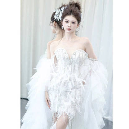 Vintage Mermaid Sweetheart White Tulle Beaded Feathers Long Prom Dresses Formal Party Teens Evening Gowns AU392