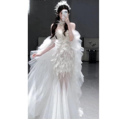 Vintage Mermaid Sweetheart White Tulle Beaded Feathers Long Prom Dresses Formal Party Teens Evening Gowns AU392