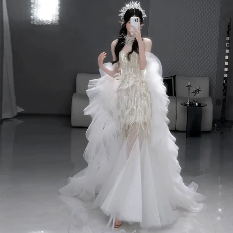 Vintage Mermaid Sweetheart White Tulle Beaded Feathers Long Prom Dresses Formal Party Teens Evening Gowns AU392
