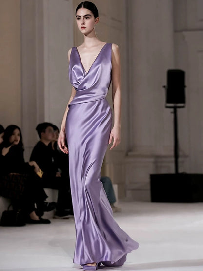 Gorgeous Sheath V Neck Light Grape Satin Pleated Long Prom Dresses Formal Evening Gowns AU393