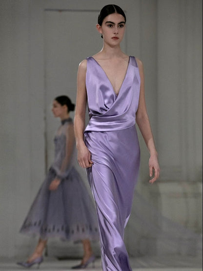 Gorgeous Sheath V Neck Light Grape Satin Pleated Long Prom Dresses Formal Evening Gowns AU393