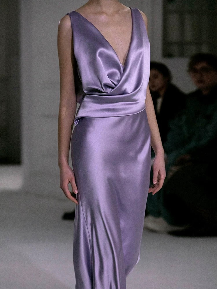 Gorgeous Sheath V Neck Light Grape Satin Pleated Long Prom Dresses Formal Evening Gowns AU393