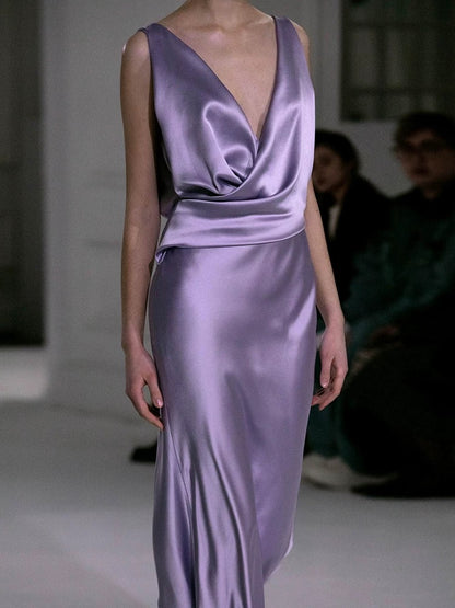 Gorgeous Sheath V Neck Light Grape Satin Pleated Long Prom Dresses Formal Evening Gowns AU393