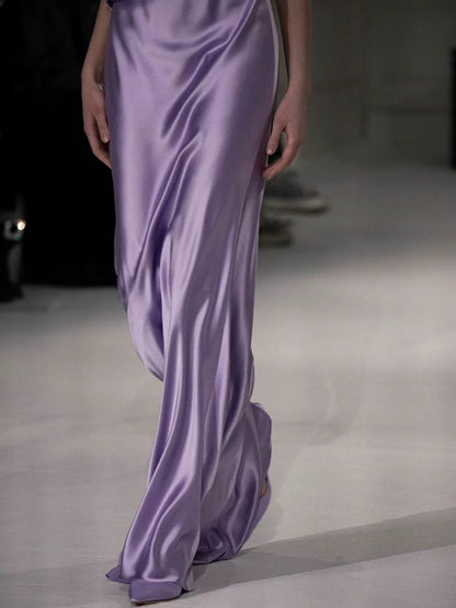 Gorgeous Sheath V Neck Light Grape Satin Pleated Long Prom Dresses Formal Evening Gowns AU393
