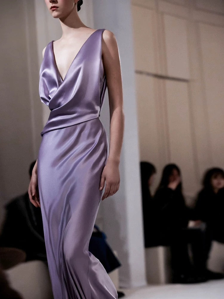 Gorgeous Sheath V Neck Light Grape Satin Pleated Long Prom Dresses Formal Evening Gowns AU393