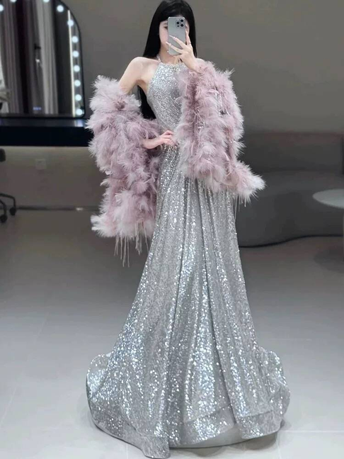 Modest A Line Halter Sequin Silver Prom Dresses Party Dress Birthday Outfits Graduation Dress AU394
