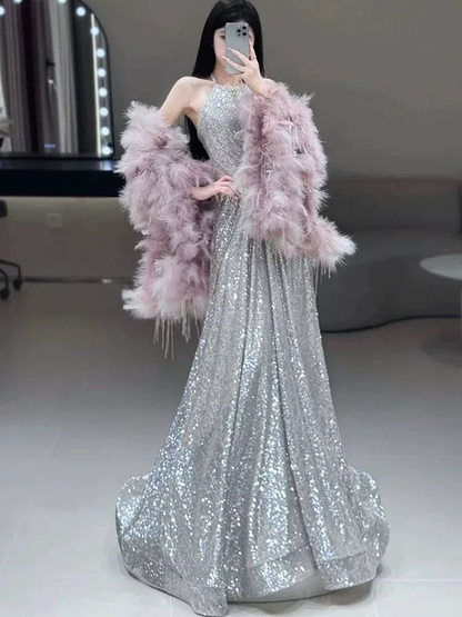 Modest A Line Halter Sequin Silver Prom Dresses Party Dress Birthday Outfits Graduation Dress AU394