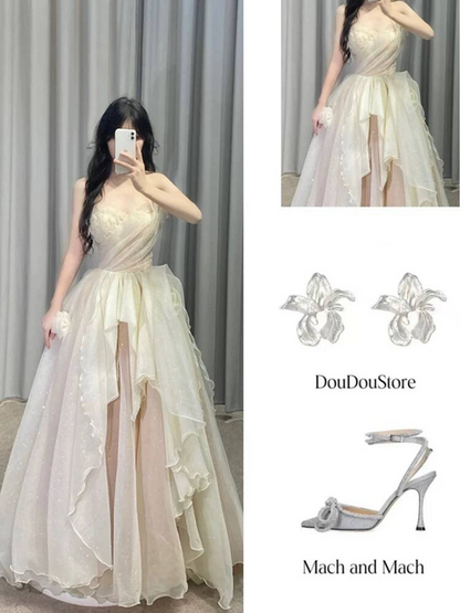 Timeless Ball Gown Strapless Yellow Chiffon Prom Dresses Party Dress Birthday Outfits Graduation Dress AU395