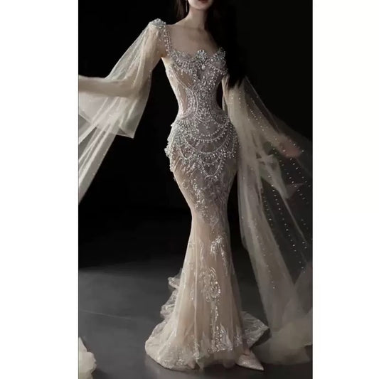 Sexy Mermaid Square Neck Champagne Tulle With Beads Gem Long Summer Bride Dress Long Bride Dress Classy Wedding Dresses AU395