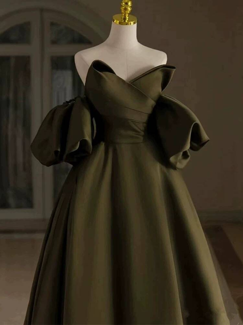 Modest Ball Gown Off The Shoulder Green Satin Long Prom Dress Inspiration Party Formal Gown Prom Dresses AU396