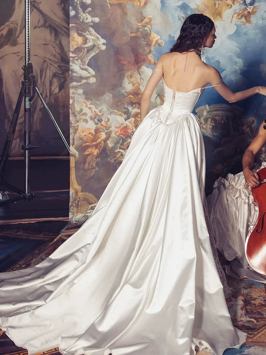 Sexy Sheath Sweetheart Lace White Satin With Pearls Beads Long Bride Dress Long Bride Dress Classy Wedding Dresses AU396