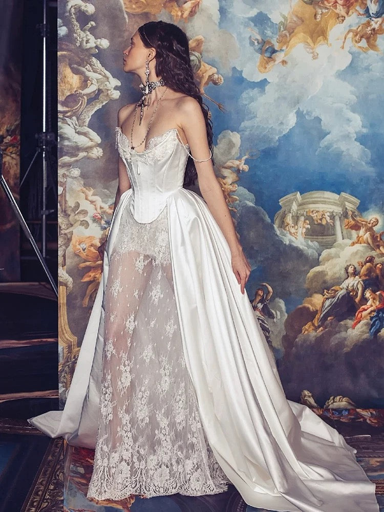 Sexy Sheath Sweetheart Lace White Satin With Pearls Beads Long Bride Dress Long Bride Dress Classy Wedding Dresses AU396