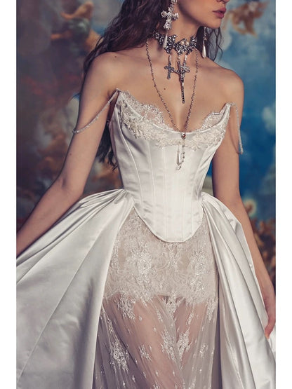 Sexy Sheath Sweetheart Lace White Satin With Pearls Beads Long Bride Dress Long Bride Dress Classy Wedding Dresses AU396