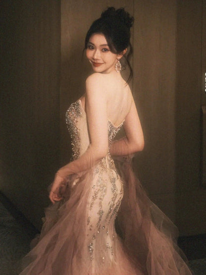Modest Mermaid Strapless Pink Tulle Beaded Gem Long Prom Dresses Formal Party Teens Evening Gowns AU398