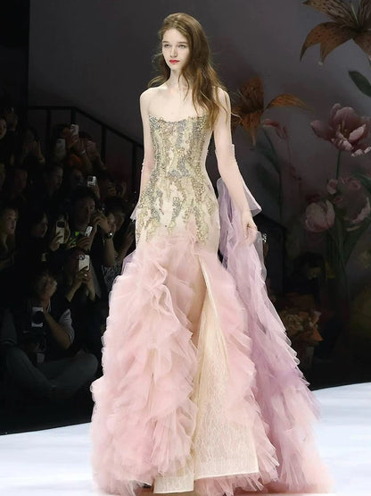 Modest Mermaid Strapless Pink Tulle Beaded Gem Long Prom Dresses Formal Party Teens Evening Gowns AU398