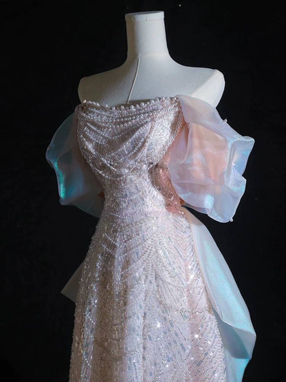 Modest A line Off The Shoulder Pink Sequins Long Prom Dress Inspiration Party Formal Gown Prom Dresses AU399