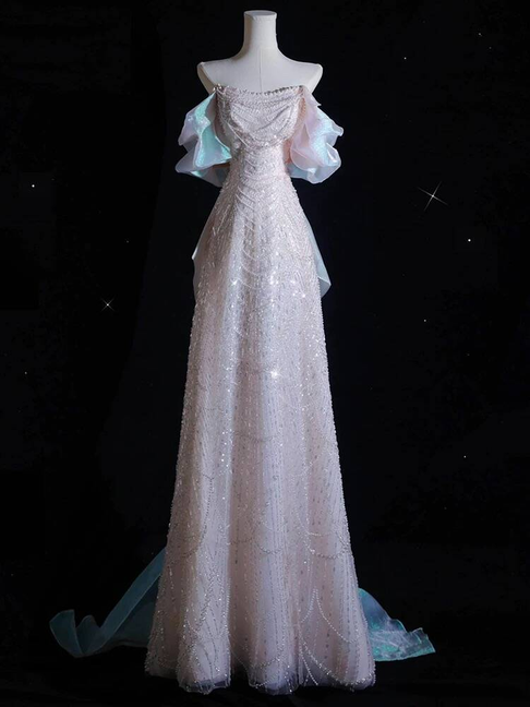 Modest A line Off The Shoulder Pink Sequins Long Prom Dress Inspiration Party Formal Gown Prom Dresses AU399