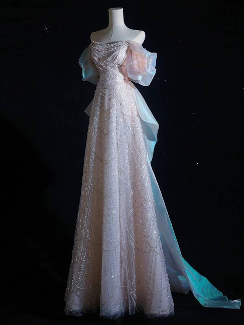 Modest A line Off The Shoulder Pink Sequins Long Prom Dress Inspiration Party Formal Gown Prom Dresses AU399