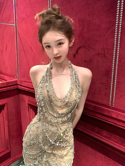 Vintage Mermaid Halter Champagne Tulle Silver Beaded Long Prom Dresses Formal Party Teens Evening Gowns AU377