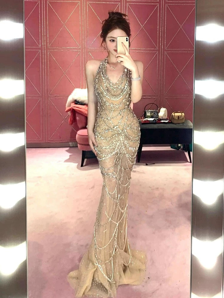 Vintage Mermaid Halter Champagne Tulle Silver Beaded Long Prom Dresses Formal Party Teens Evening Gowns AU377