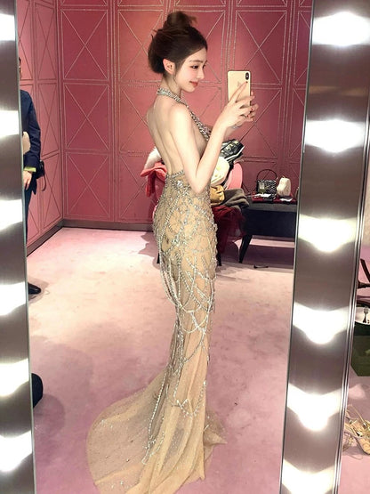 Vintage Mermaid Halter Champagne Tulle Silver Beaded Long Prom Dresses Formal Party Teens Evening Gowns AU377