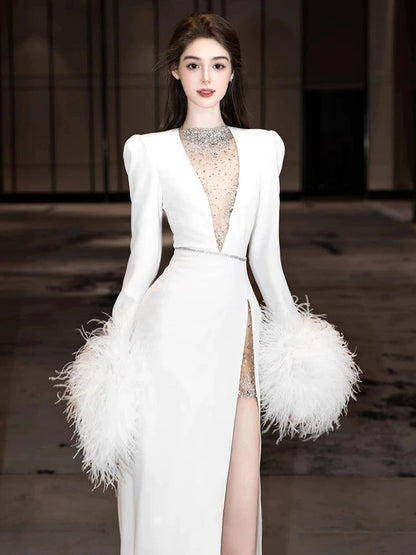 Sexy Sheath V Neck Long Sleeves White Satin With Silver Beads Gem Feathers Long Bride Dress Long Bride Dress Classy Wedding Dresses AU400