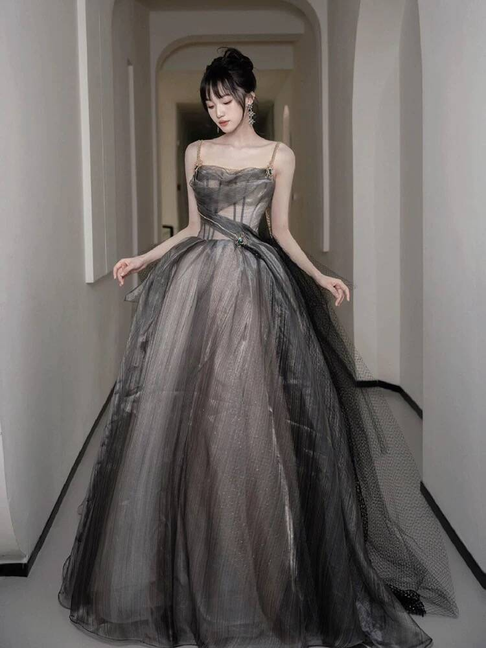 Cute Ball Gown Spaghetti Straps Black Tulle Long Quinceanera Dress Quinceanera Dresses Sweet 15 16 Dress AU401
