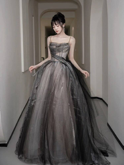 Cute Ball Gown Spaghetti Straps Black Tulle Long Quinceanera Dress Quinceanera Dresses Sweet 15 16 Dress AU401