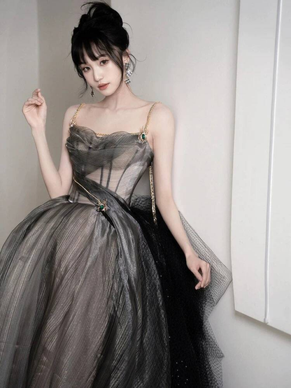 Cute Ball Gown Spaghetti Straps Black Tulle Long Quinceanera Dress Quinceanera Dresses Sweet 15 16 Dress AU401