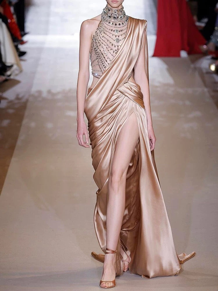 Gorgeous Mermaid One Shoulder Champagne High Neck With Beads Pleated Long Prom Dresses Formal Evening Gowns AU401