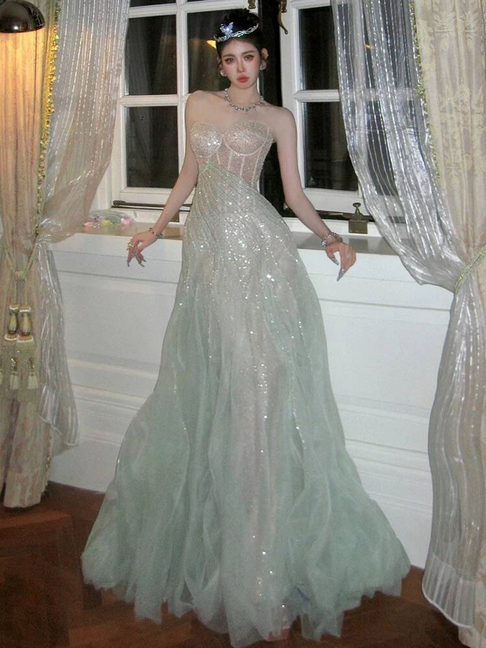 Sparkly Sheath Strapless Mint Green Sequin Prom Dresses Party Dress 17th Birthday Outfits Graduation Dress AU402