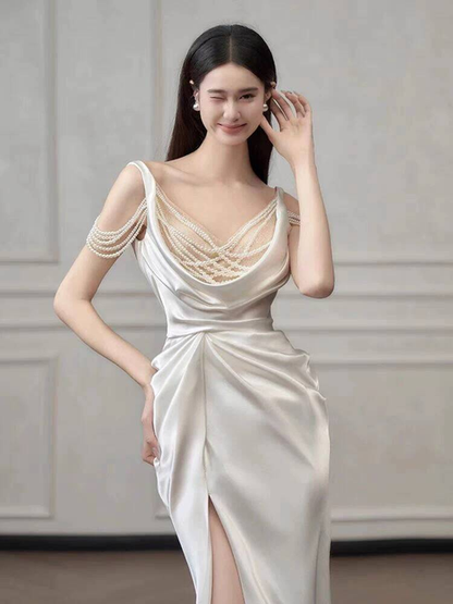 Modest Mermaid Spaghetti Straps Satin Slit White Wedding Dress Fairytale Wedding Dresses AU403