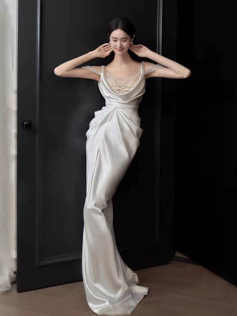 Modest Mermaid Spaghetti Straps Satin Slit White Wedding Dress Fairytale Wedding Dresses AU403