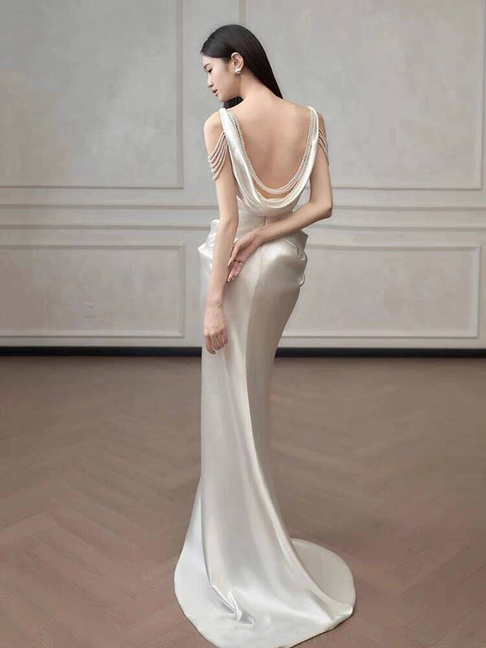 Modest Mermaid Spaghetti Straps Satin Slit White Wedding Dress Fairytale Wedding Dresses AU403