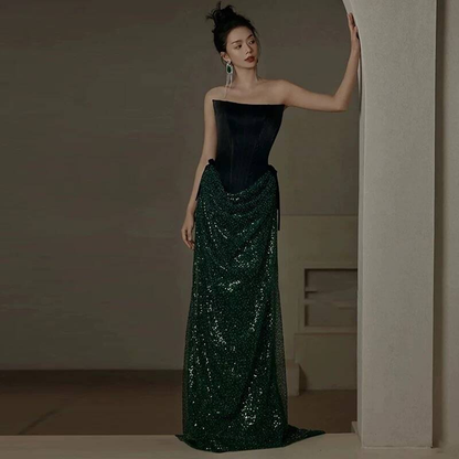 Sparkly Sheath Strapless Dark Green Sequin Prom Dresses Party Dress 17th Birthday Outfits Graduation Dress AU404