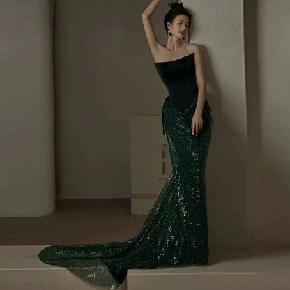 Sparkly Sheath Strapless Dark Green Sequin Prom Dresses Party Dress 17th Birthday Outfits Graduation Dress AU404
