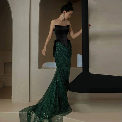 Sparkly Sheath Strapless Dark Green Sequin Prom Dresses Party Dress 17th Birthday Outfits Graduation Dress AU404