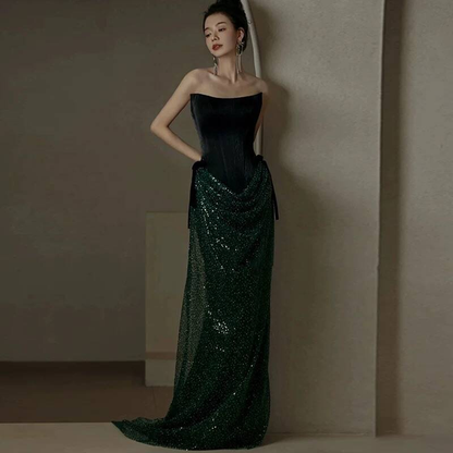 Sparkly Sheath Strapless Dark Green Sequin Prom Dresses Party Dress 17th Birthday Outfits Graduation Dress AU404