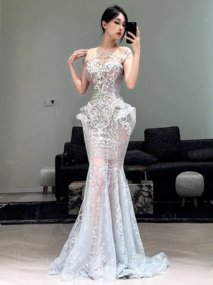Modest Mermaid Scoop Neck Silver Sequins Beaded Gem Long Prom Dresses Formal Party Teens Evening Gowns AU404