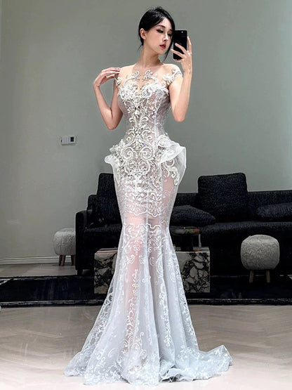 Modest Mermaid Scoop Neck Silver Sequins Beaded Gem Long Prom Dresses Formal Party Teens Evening Gowns AU404