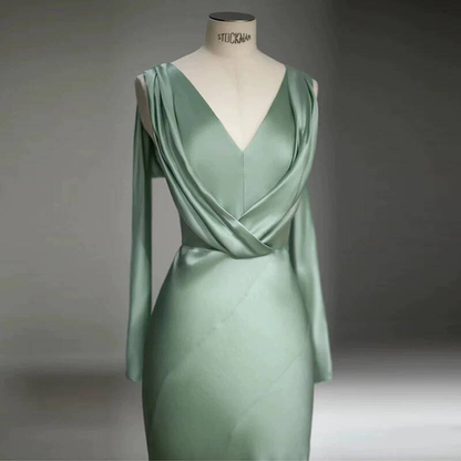 Modest Mermaid V Neck Sage Green Satin Prom Dresses Sequin Party Dress Birthday Outfits Graduation Dress AU405