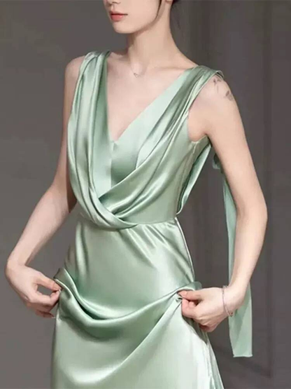 Modest Mermaid V Neck Sage Green Satin Prom Dresses Sequin Party Dress Birthday Outfits Graduation Dress AU405