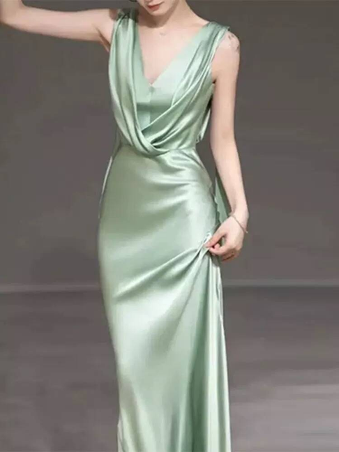 Modest Mermaid V Neck Sage Green Satin Prom Dresses Sequin Party Dress Birthday Outfits Graduation Dress AU405