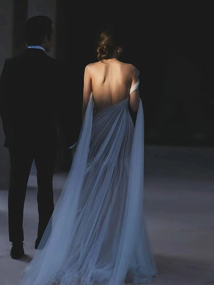 Sexy Mermaid Scoop Neck Backless Tulle Sleeveless White Wedding Dress French Brides Dresses Fairytale Wedding Gown AU354