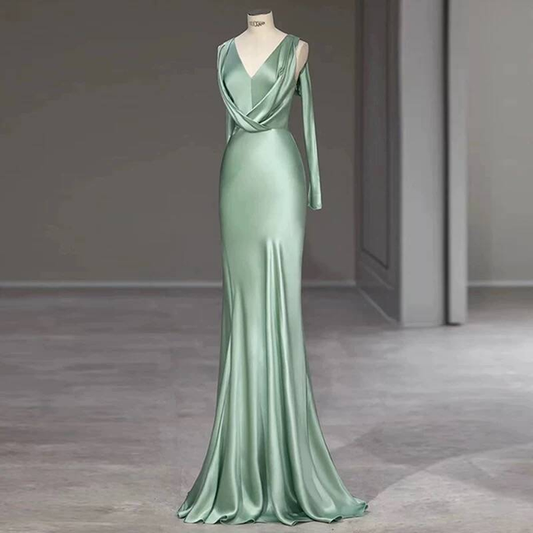 Modest Mermaid V Neck Sage Green Satin Prom Dresses Sequin Party Dress Birthday Outfits Graduation Dress AU405