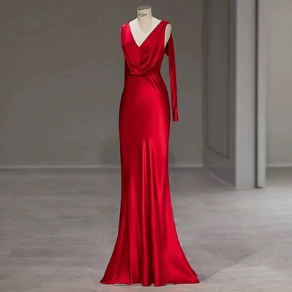 Simple Mermaid V Neck Red Satin Prom Dresses Party Dress Birthday Outfits Graduation Dress AU406