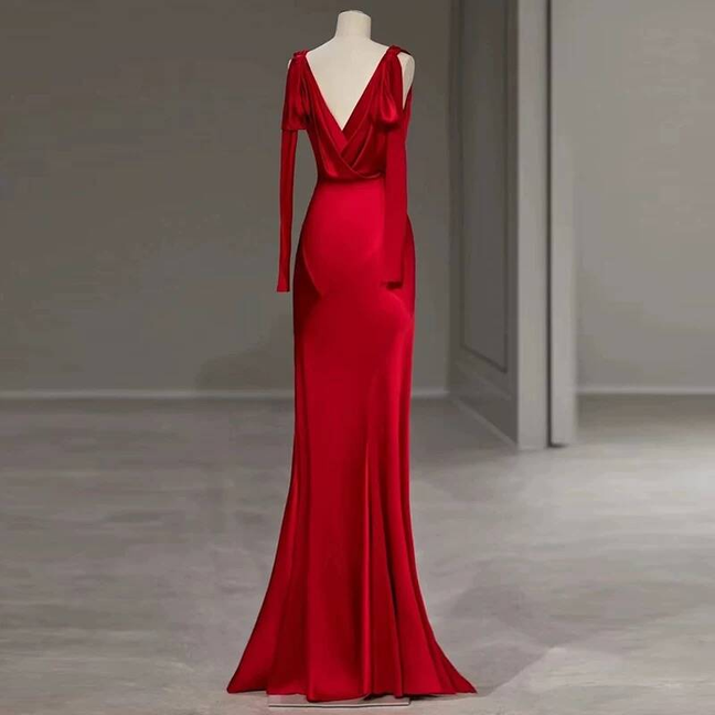 Simple Mermaid V Neck Red Satin Prom Dresses Party Dress Birthday Outfits Graduation Dress AU406