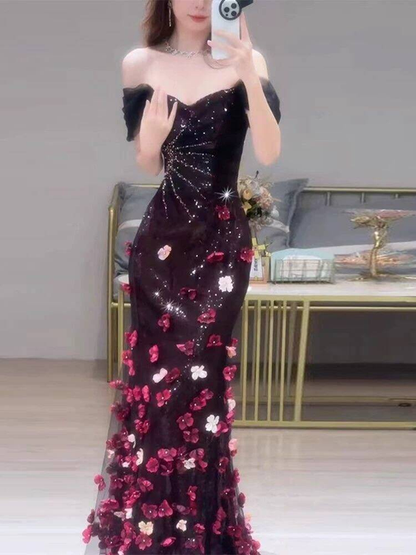 Modest Mermaid Off The Shoulder Black Tulle Long Prom Dress Inspiration Party Formal Gown Prom Dresses AU408