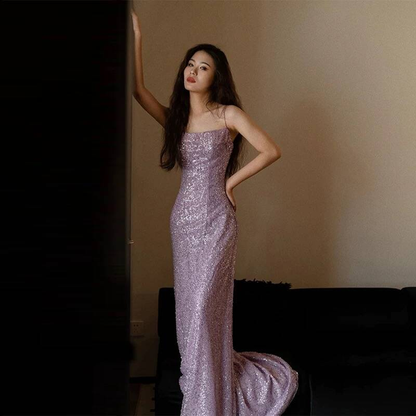 Sexy Mermaid Spaghetti Straps Lilac Sequin Prom Dresses Party Dress 21st Birthday Outfits Graduation Dress AU409